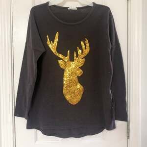 STYLE ROCK • Gold Sequins Deer Stag Brown Fleece Tunic Top